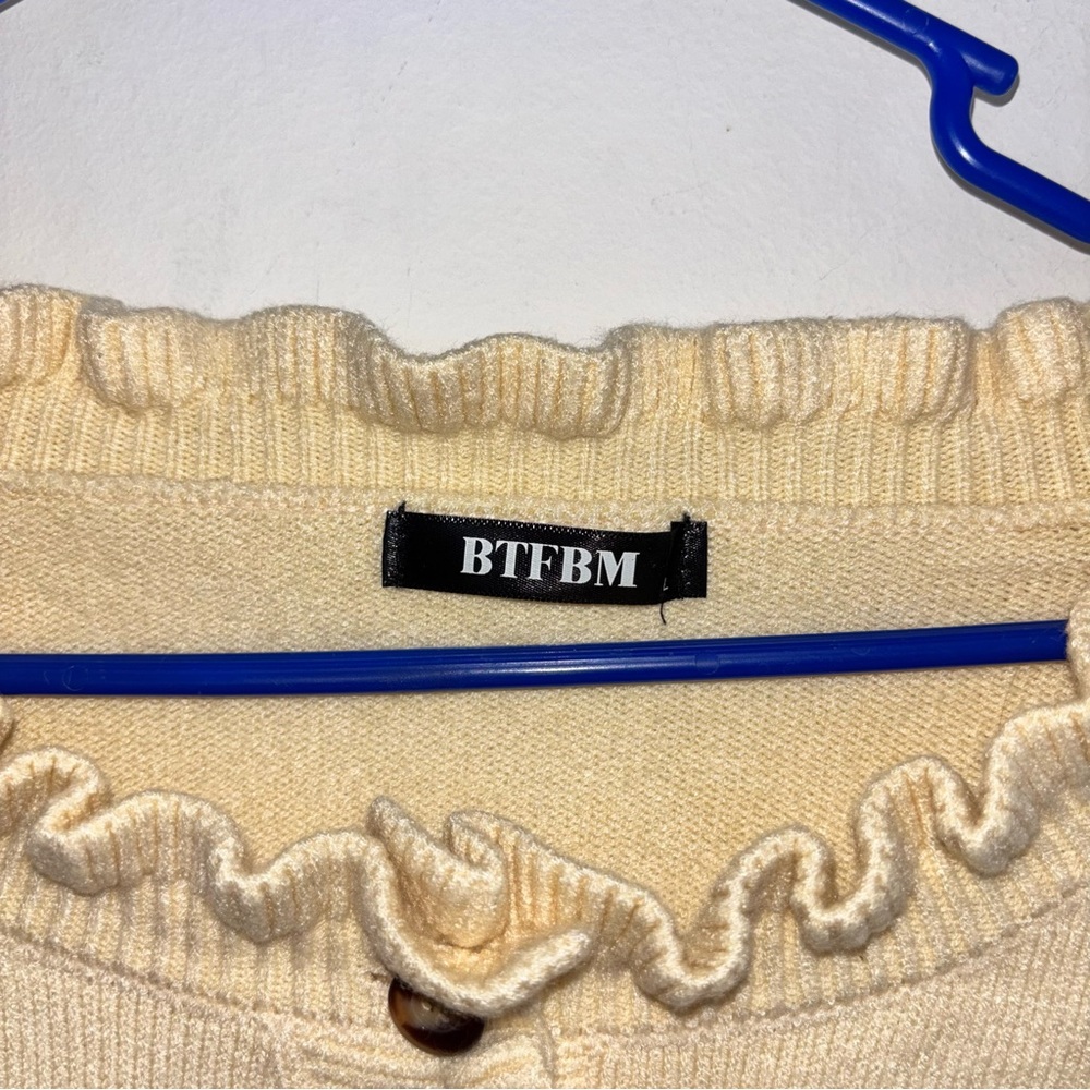 BTFBM Cream Ruffle Neck Button Sweater Boho Cottagecore - Picture 3 of 16